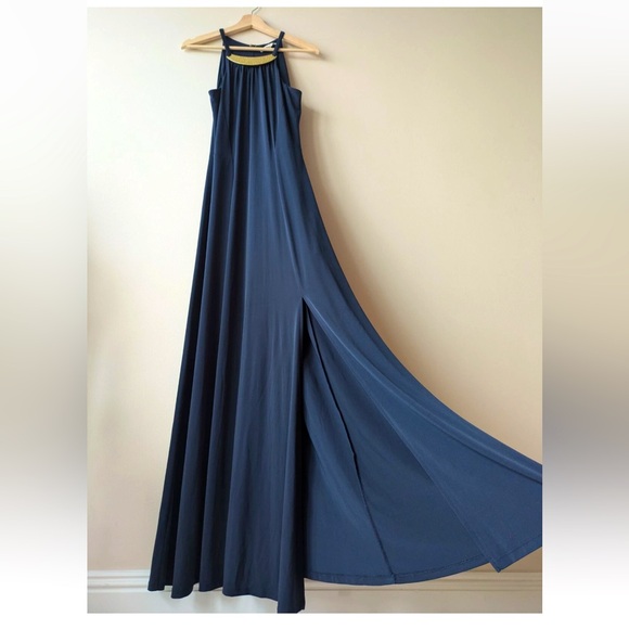 Elegant MICHAEL KORS Navy Blue, Gold-Toned Grooved
Halter Neck Maxi Dress  Small - Picture 1 of 8